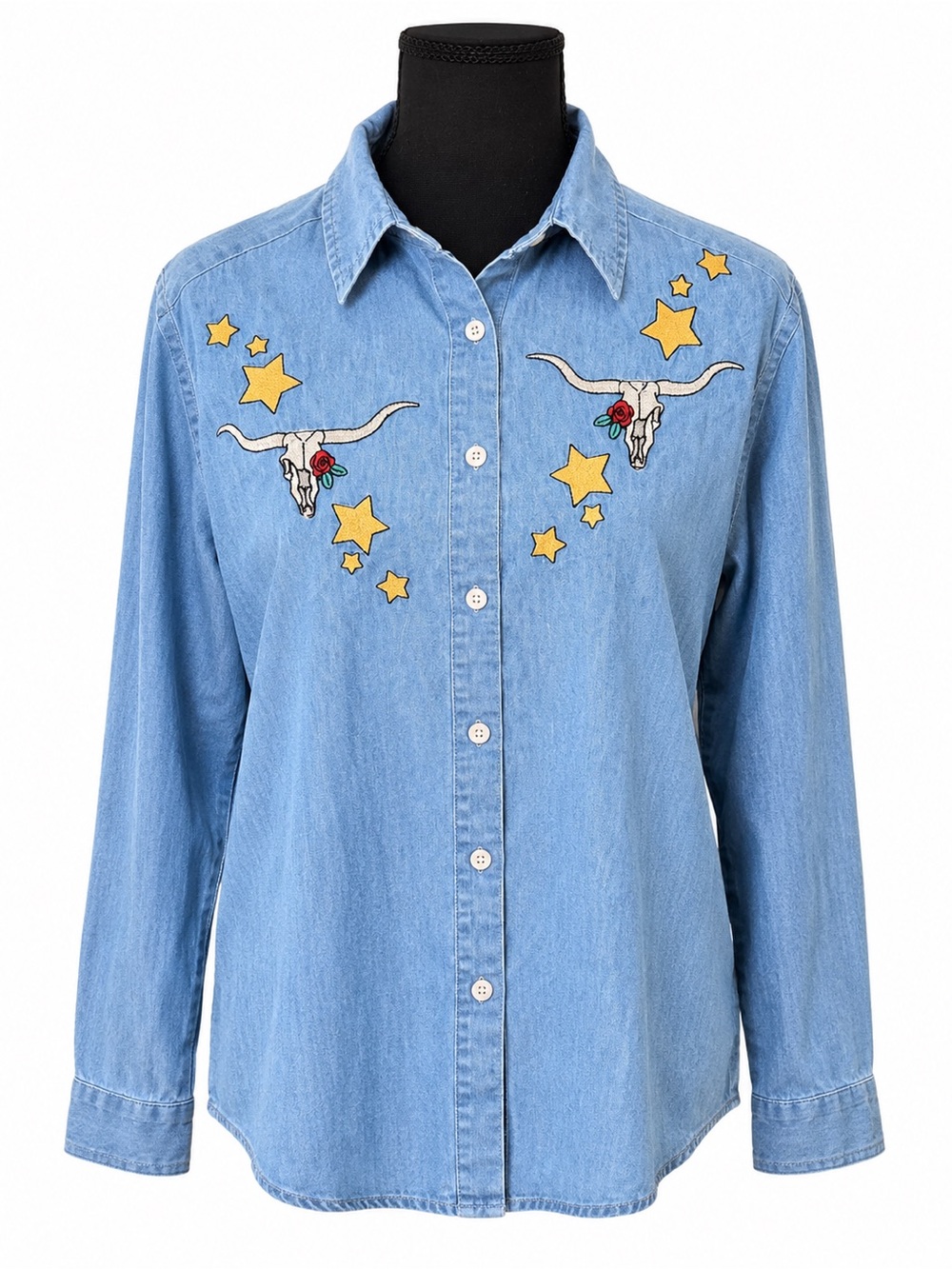 Roper Embroidered Chambray Western Shirt XL Longhorn Cowgirl